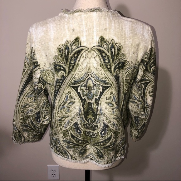 Chicos Jacket Open Front Size 2 Large Woven Textured Green Print Frayed Edges - Picture 4 of 13